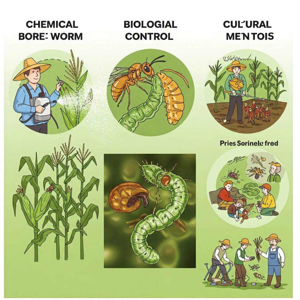 Visueller Vergleich zwischen chemischen, biologischen und kulturellen Bekämpfungsmethoden des Stängelbohrers.
