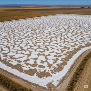 Suelo agrícola salino-sódico con costra blanca de sales y grietas profundas en clima árido