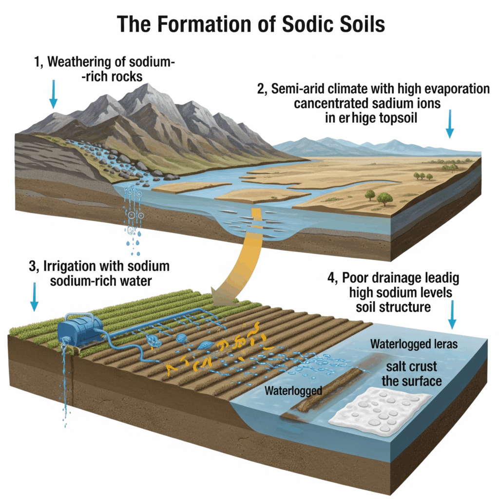 Infografik zur Entstehung sodischer Böden durch Verwitterung, semiarides Klima, Bewässerung mit Natrium und schlechte Drainage.