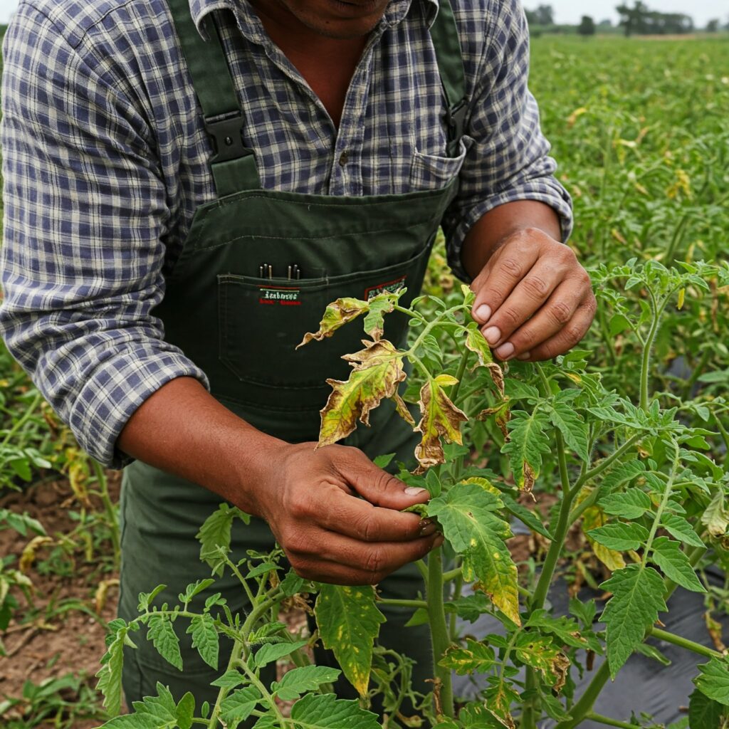 Landwirt inspiziert eine Tomatenpflanze, die mit dem Mosaikvirus infiziert ist.