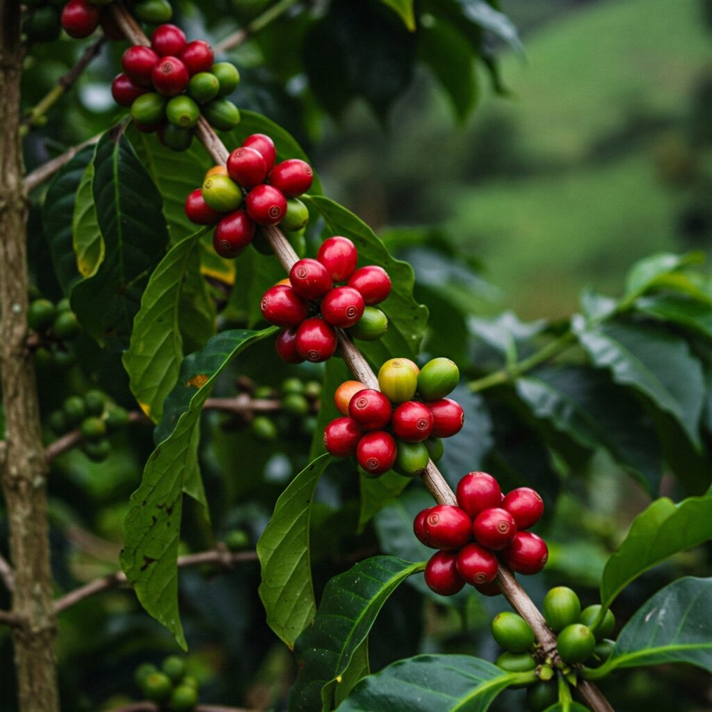 Kaffeefruchtentwicklung mit sich entwickelnden Kirschen.