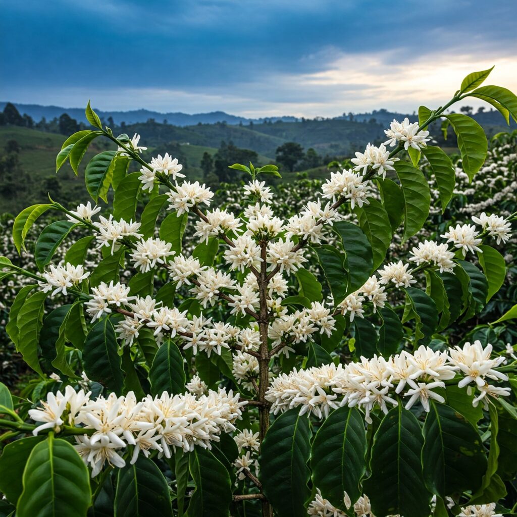 Kaffeeblüte mit einer Fülle weißer Blüten.