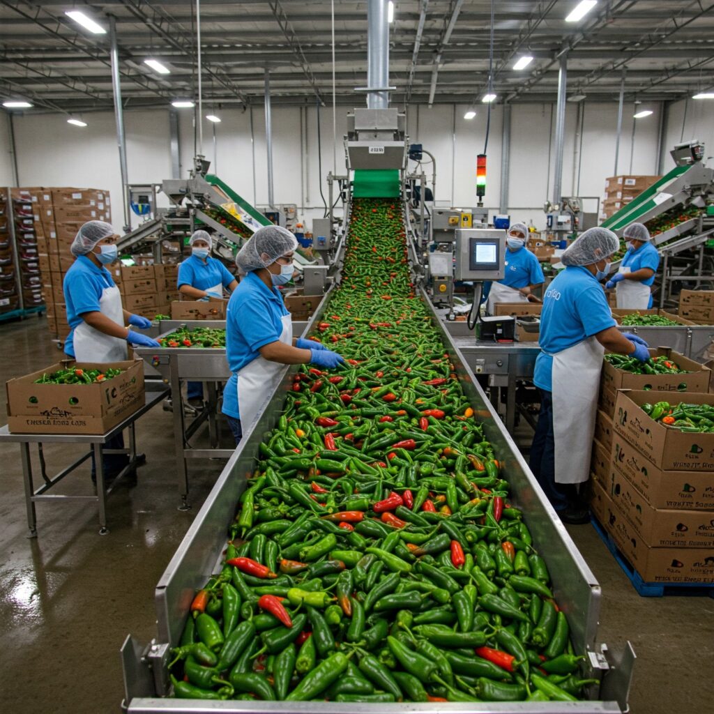 Nachernteverarbeitung von Chilischoten: Sortierung, Reinigung und Verpackung.