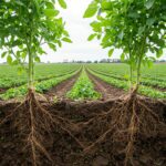 Campo de cultivo saludable con raíces vigorosas gracias a hongos solubilizadores de fósforo.