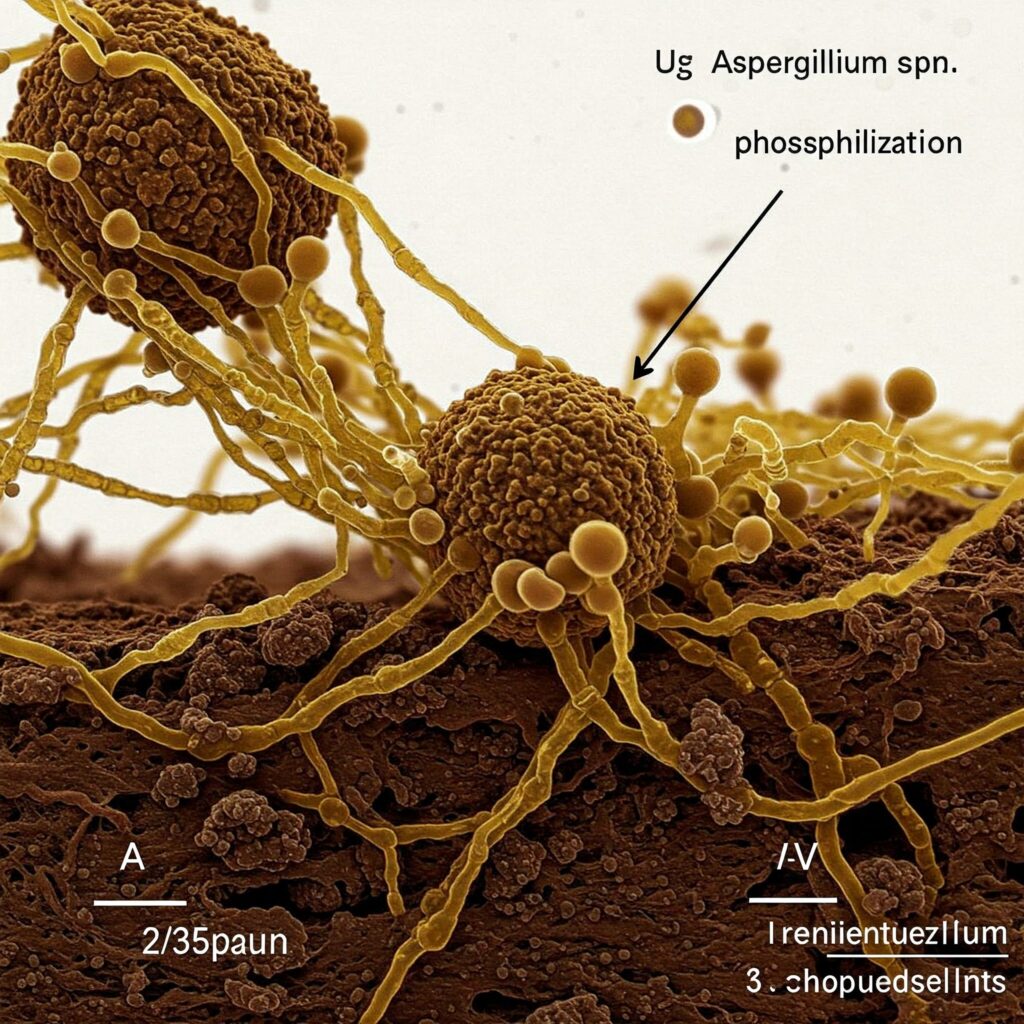 Aspergillus niger und Penicillium spp., die den Boden kolonisieren und Phosphor freisetzen.