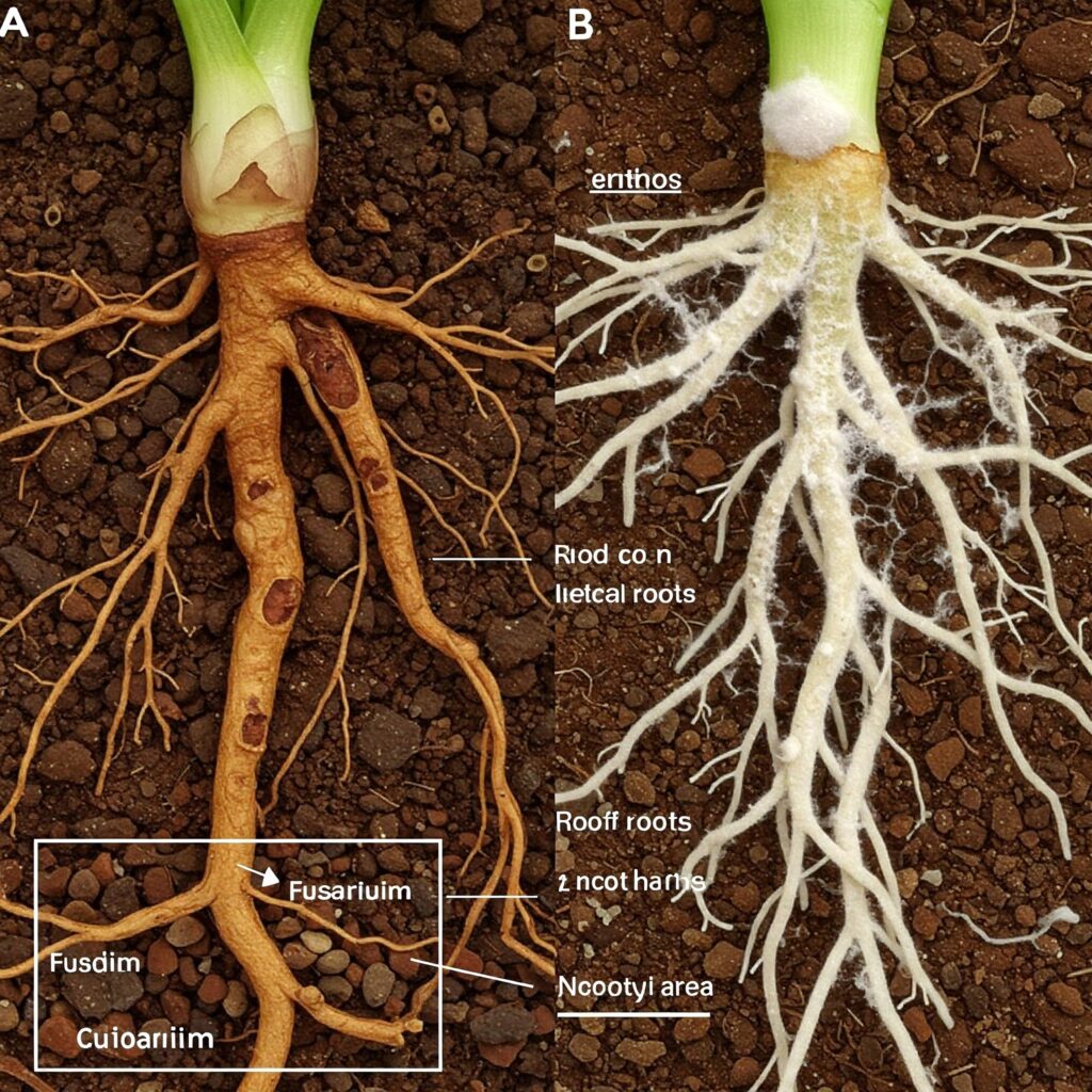 Vergleich von durch Fusarium infizierten und durch Trichoderma geschützten Wurzeln.