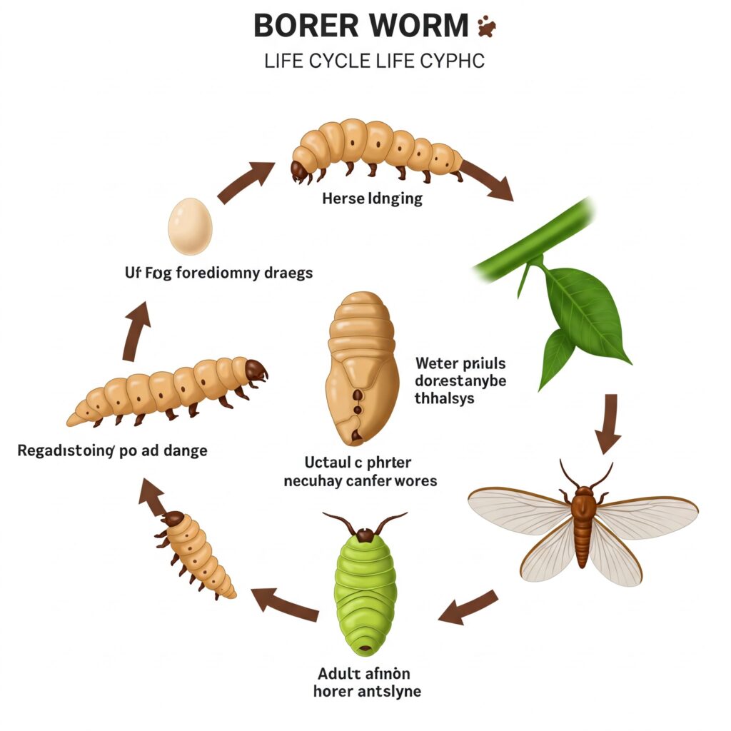 Biologischer Zyklus des Stängelbohrers, illustriert für die landwirtschaftliche Schädlingsbekämpfung.