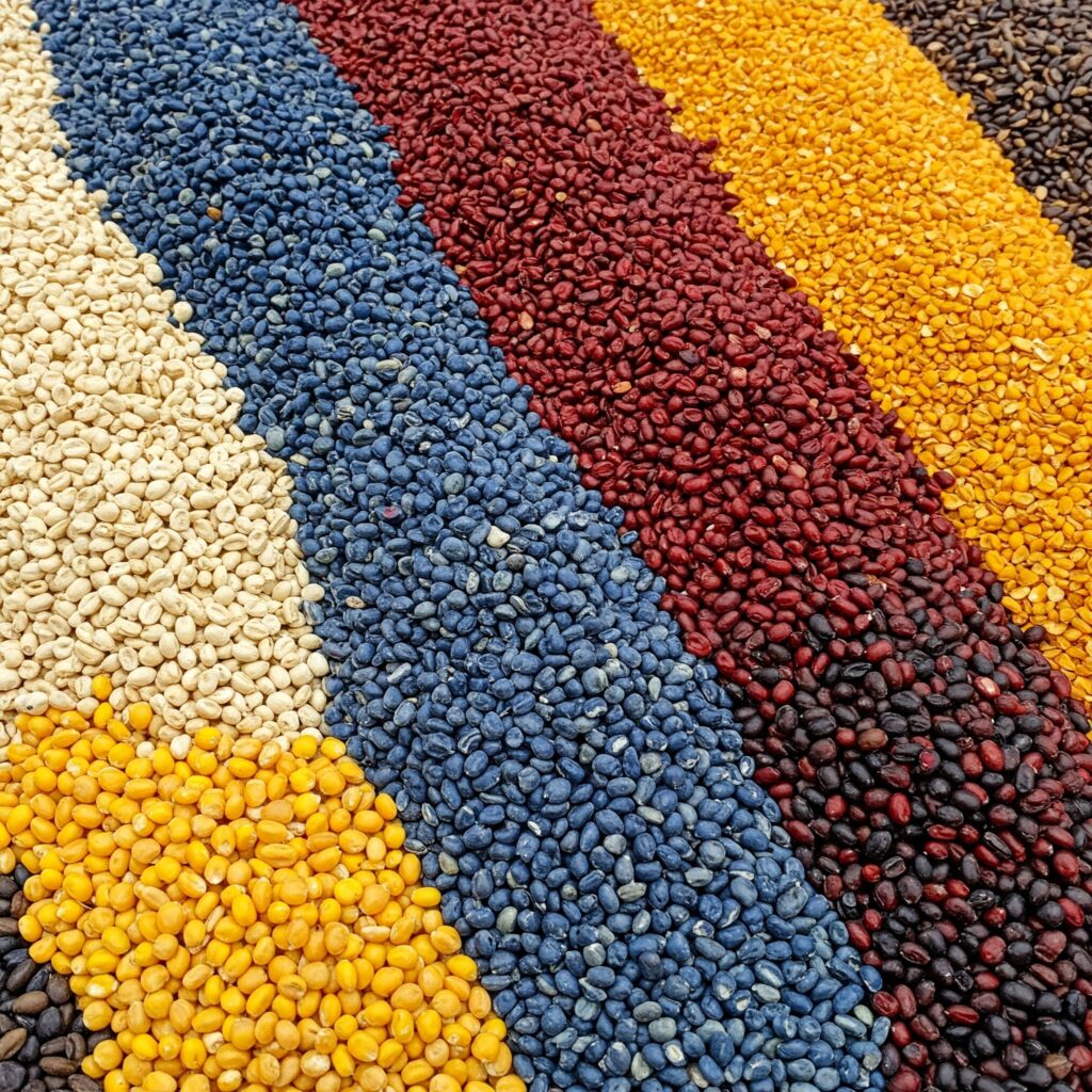 Distintos tipos de maíz mexicano en colores.