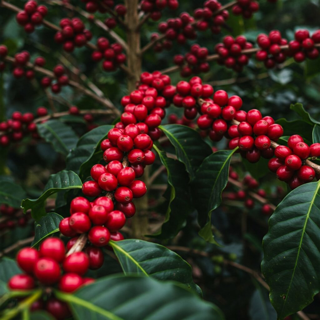 Reifung von Kaffeekirschen, bereit für die Ernte.