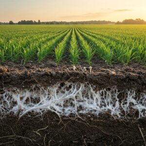 Raíces protegidas por hongos antagonistas en un cultivo saludable.
