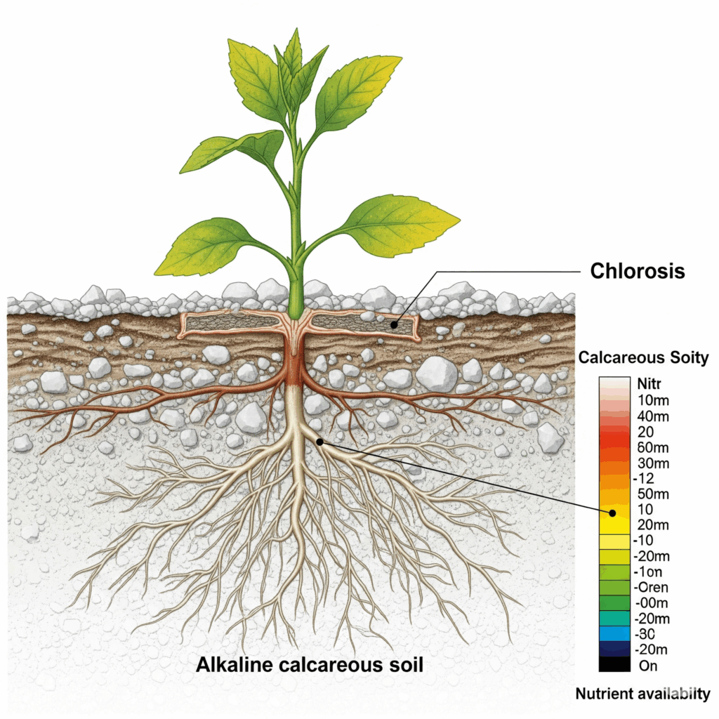 Ilustración de raíces en suelo calcáreo con clorosis por pH alcalino y deficiencia de nutrientes