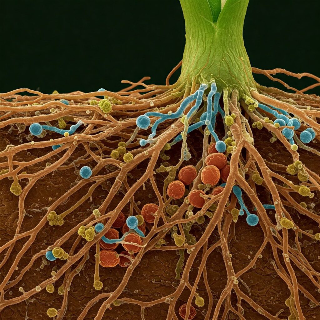 Von Glomus spp. und Rhizophagus intraradices kolonialisierte Wurzeln.