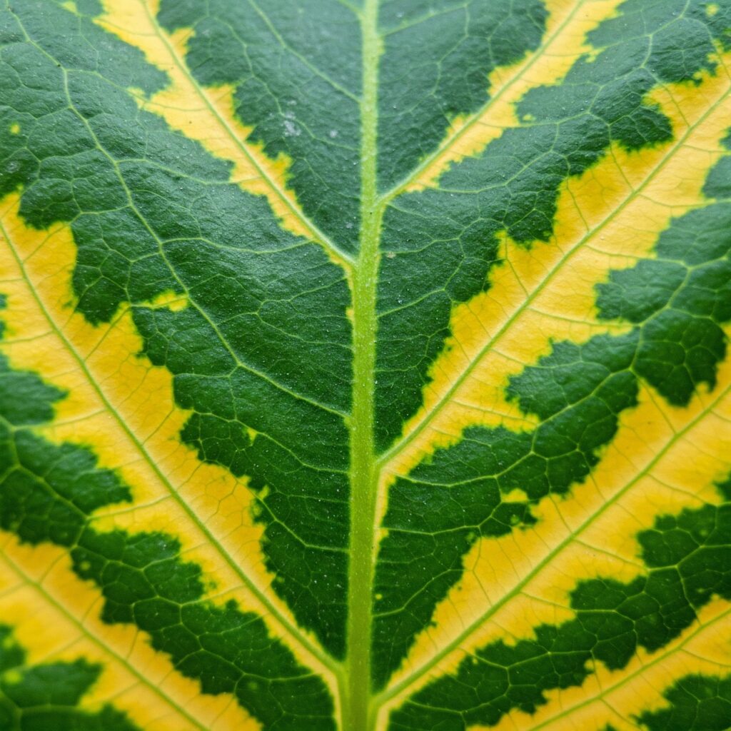 Blatt einer Pflanze, infiziert mit dem Mosaikvirus, das das charakteristische Muster zeigt.
