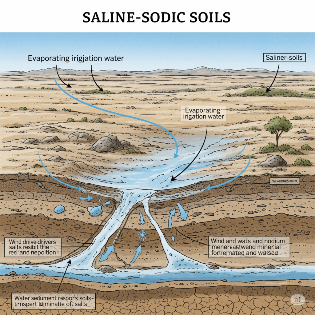 Ilustración de la formación de suelos salino-sódicos en clima árido con sales y sodio acumulados