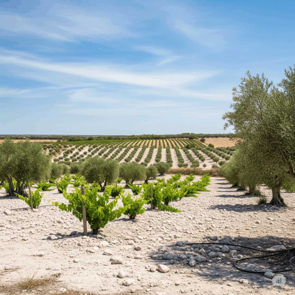 Paisaje agrícola con suelo calcáreo en México con viñedos y olivos, suelo blanco y rocoso en clima semiárido