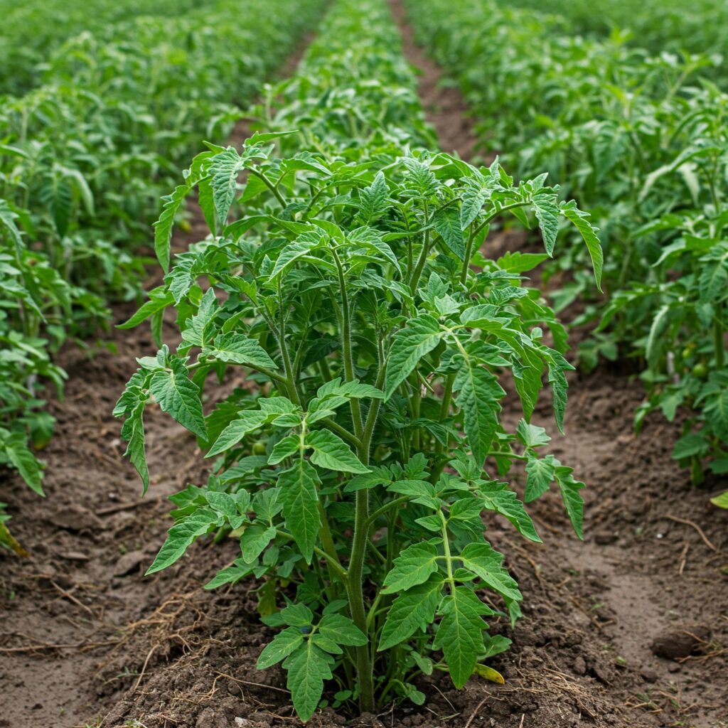 Vegetatives Wachstum von angebundenen Tomatenpflanzen.