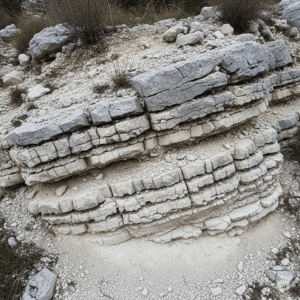 Roca caliza descompuesta formando suelo calcáreo blanco con vegetación seca alrededor