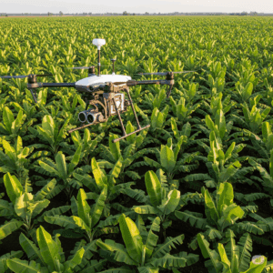 Dron agrícola monitoreando banano, tecnología detección enfermedades cultivo, agricultura de precisión plátano.