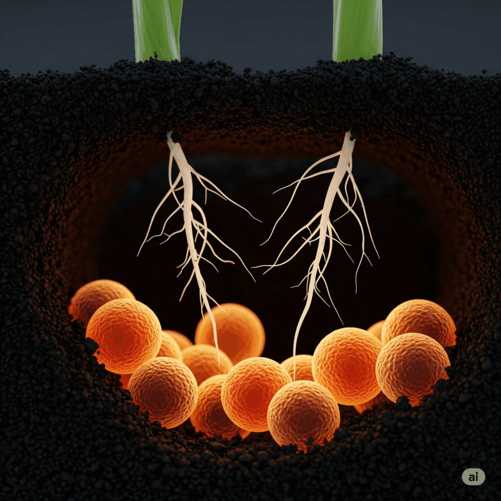 Fusarium chlamydospores in soil, Panama Disease spores, banana root pathogenic fungus.
