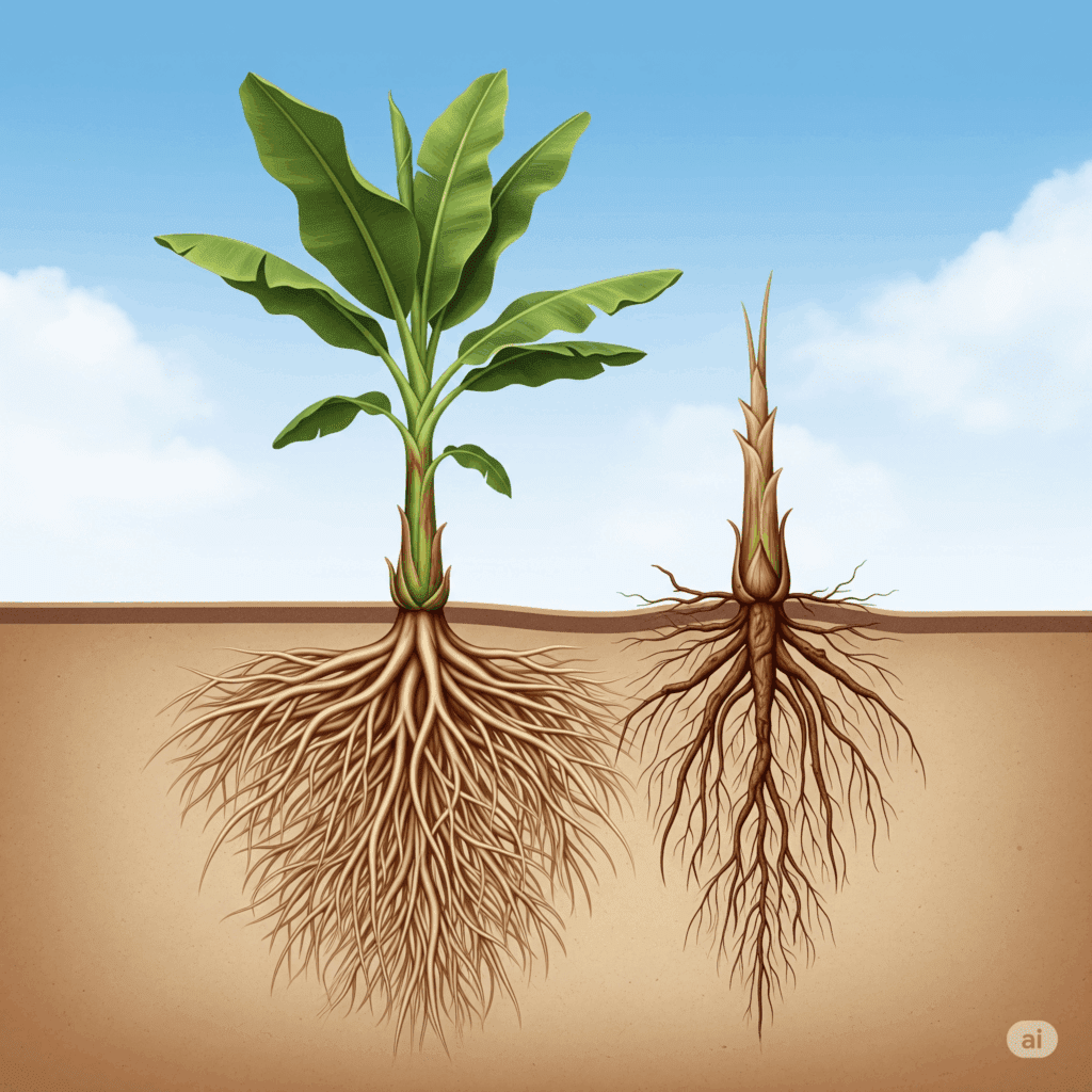 Healthy banana root system, strong plantain roots, vigorous nematode-free plant.