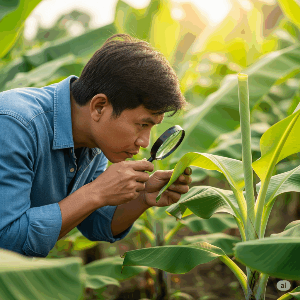 Early BBTV detection in banana, leaf inspection for virus, initial bunchy top symptoms.