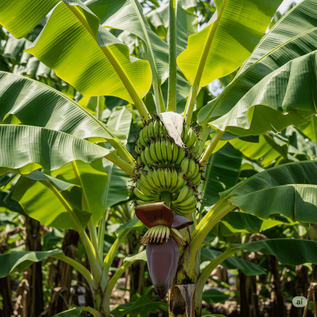 Healthy banana plantation, vibrant plantain crop, green banana leaves.