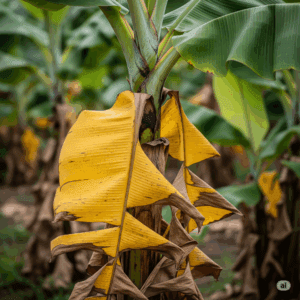 Planta de banano con Mal de Panamá, hojas amarillas y marchitas por Fusarium, colapso de follaje en banano.