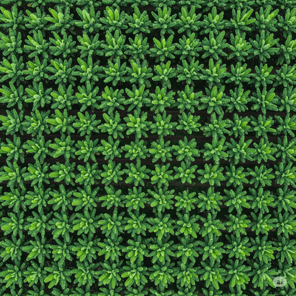 Banana plantation with nematode management, healthy plantain crop from the air, successful agriculture.
