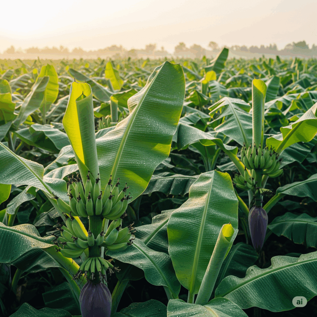Bananenplantage bei Sonnenaufgang, feuchte Bedingungen für Pilze, Beginn einer Pilzinfektion.