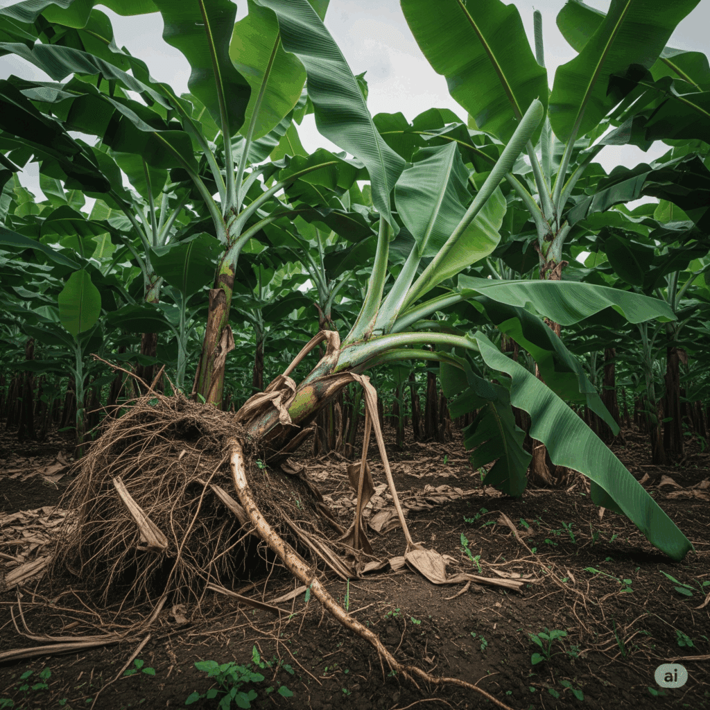 Toppling of banana plant by nematodes, root damage and plantain fall, plantation affected by nematodes.