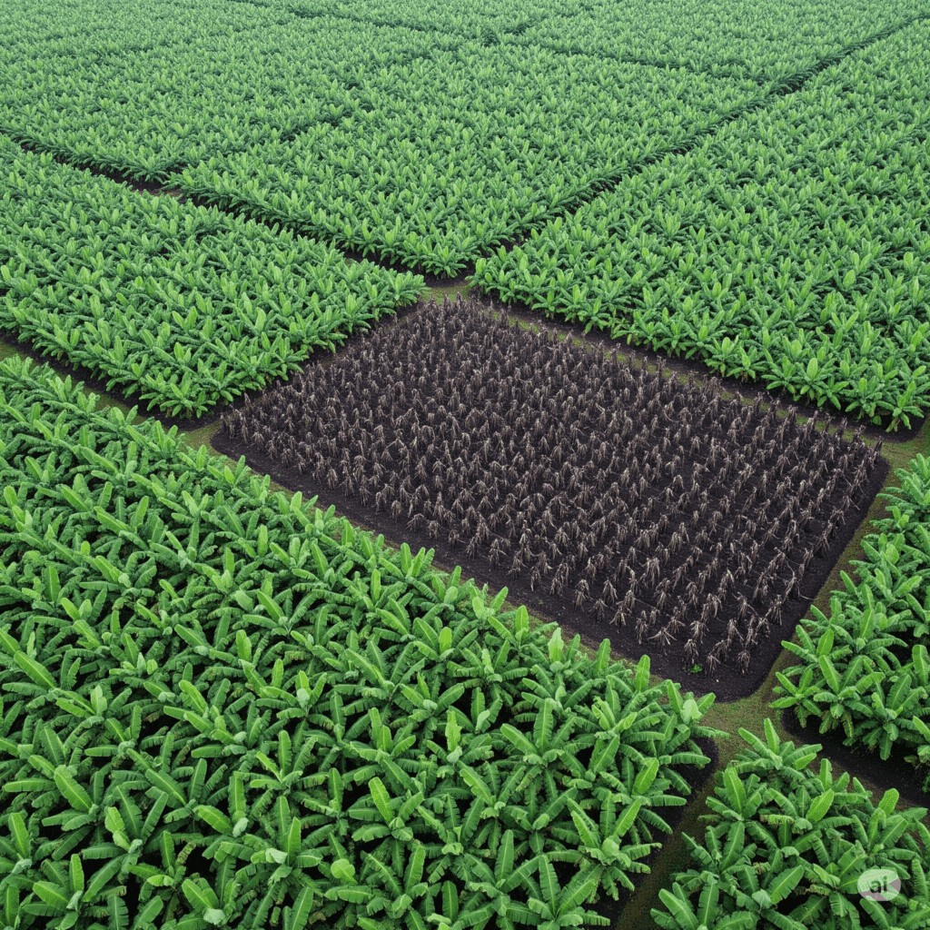 Plantación de banano afectada por Sigatoka Negra, vista aérea cultivo plátano, manejo de enfermedades a gran escala.