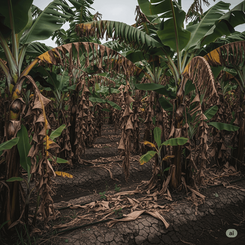Banana plantation decimated by disease, withered plantain crop, impact of diseases on banana.