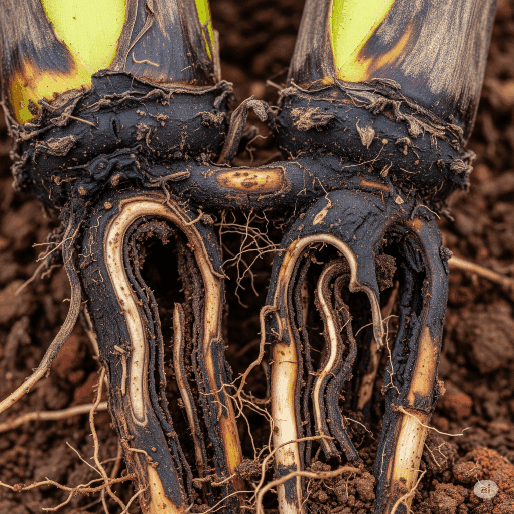Banana roots with lesions by nematodes, root damage in plantain, rotten roots by Radopholus similis.