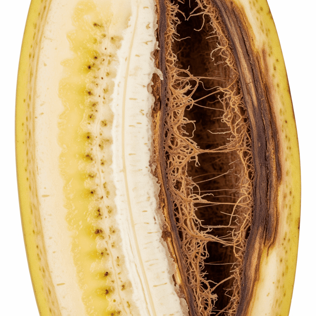 Banane mit innerer Fäulnis, Anthraknose-Schaden im Fruchtfleisch der Banane, Frucht von Pilz befallen.