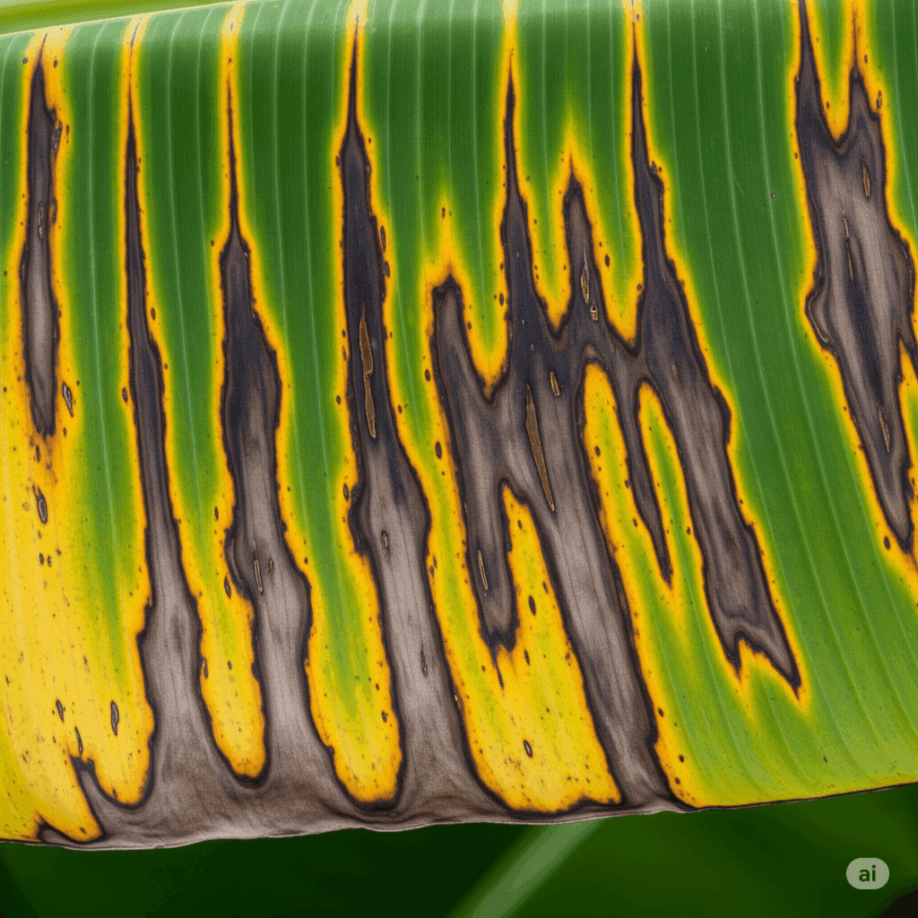 Hojas de banano afectadas por Sigatoka Negra, síntomas severos en hoja de plátano, enfermedad fúngica banano.