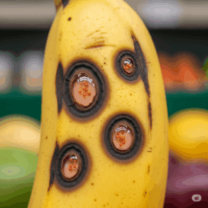 Banano con antracnosis, lesiones fúngicas en fruta madura, enfermedad postcosecha del plátano.