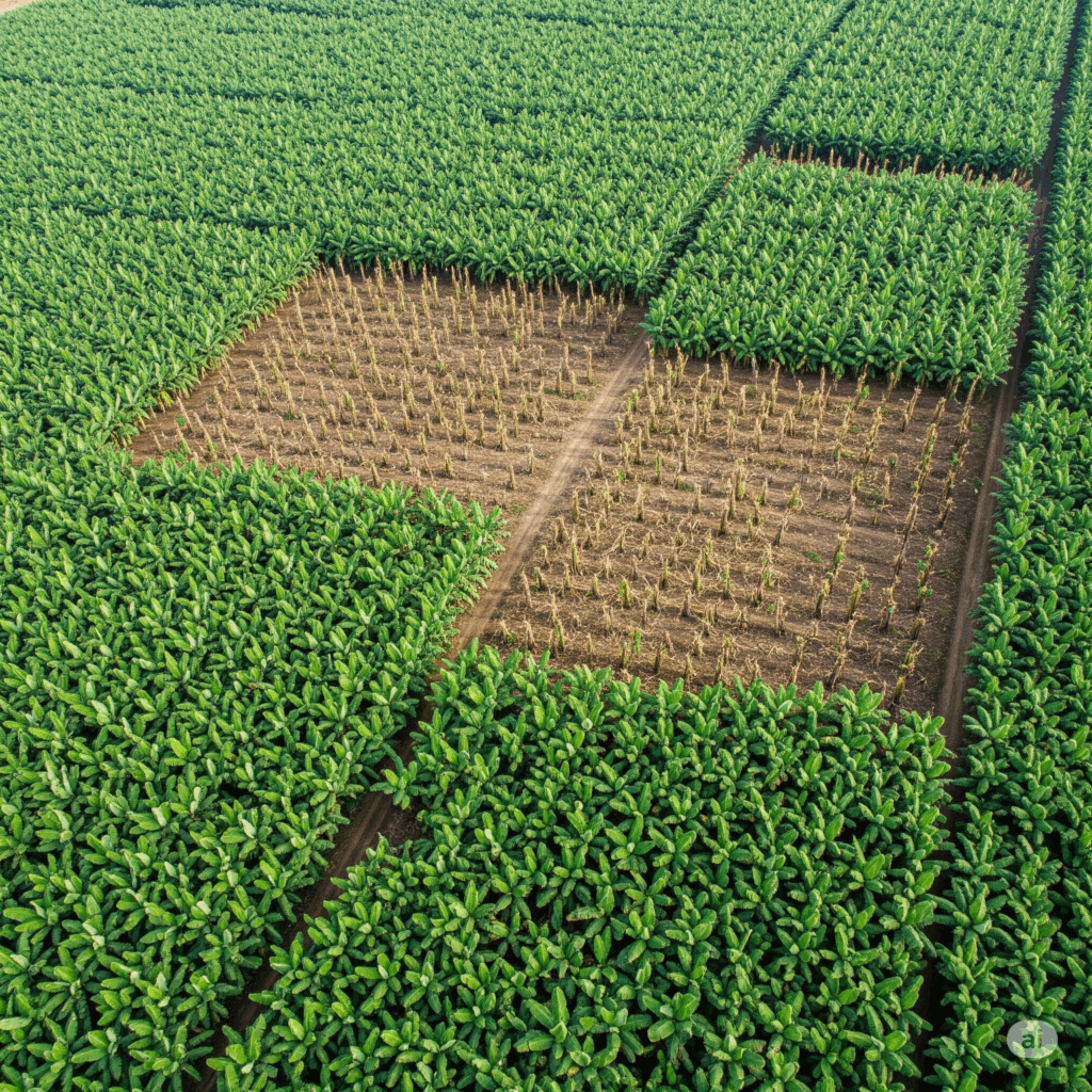 Banana plantation affected by BBTV, aerial view of banana crop with virus outbreaks, disease control strategy.