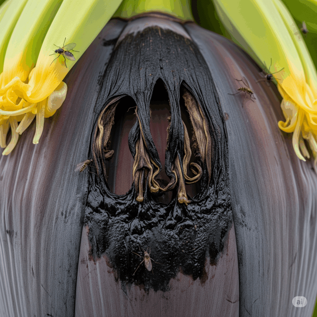 Fleur mâle de bananier avec Moko, bellot de plantain malade, pourriture florale sur bananier.