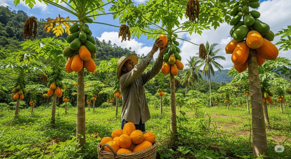 Producer harvesting mature papayas on a plantation.