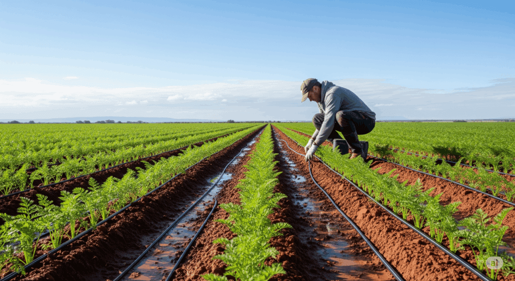 Drip irrigation system in a carrot crop