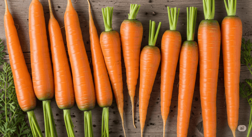 Freshly harvested Nantes, Chantenay, and Imperator carrot varieties