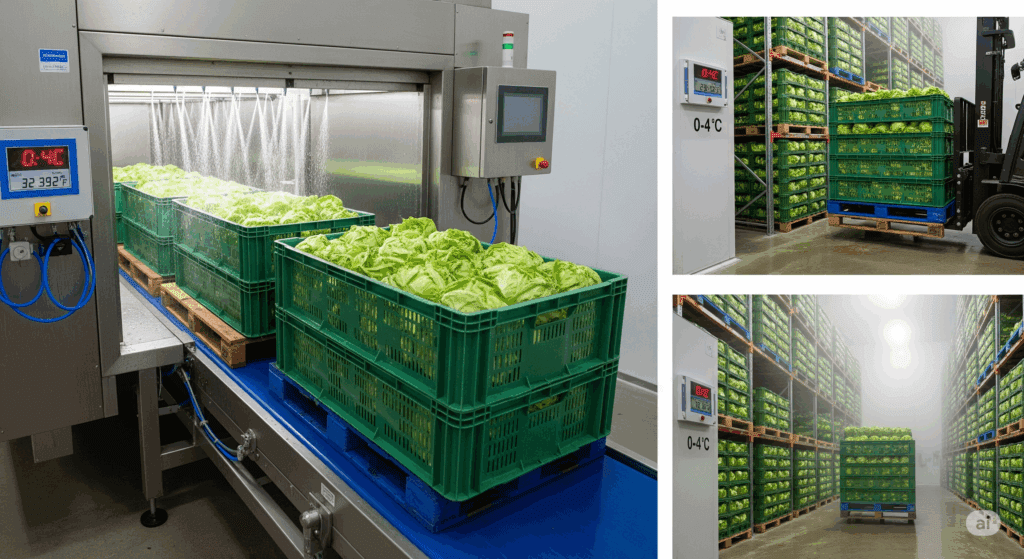 Rapid cooling and cold storage of lettuce