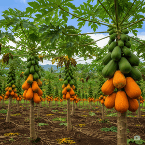 Imagen destacada de un cultivo de papaya con frutos maduros listos para cosecha.