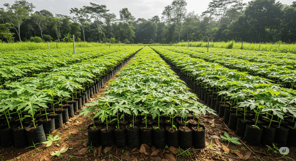 Papaya seedlings in a nursery ready for transplanting.