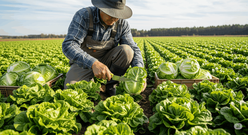Lettuce harvest with careful cutting techniques