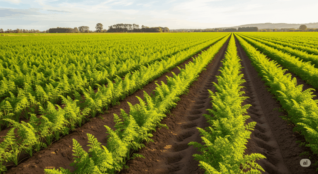 Carrot crop in an open field with uniform rows