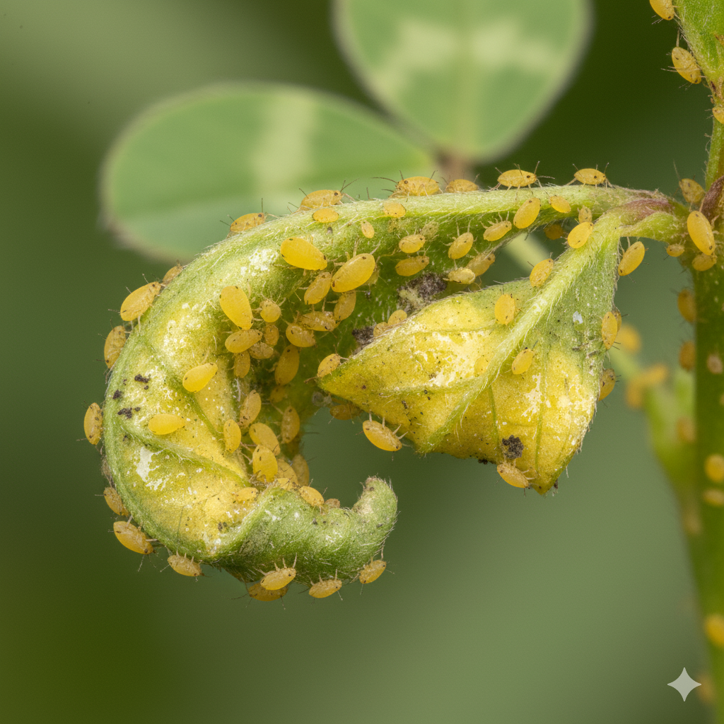 Daños característicos causados por la alimentación del pulgón amarillo en las hojas de una planta.