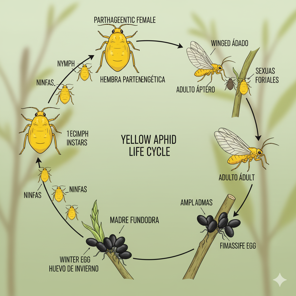 Ciclo de vida complejo del pulgón amarillo con reproducción sexual y asexual.