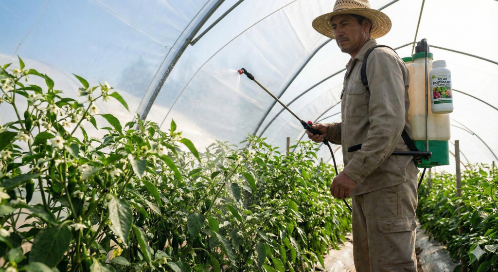 Aplicación de bioestimulantes en floración de pimiento